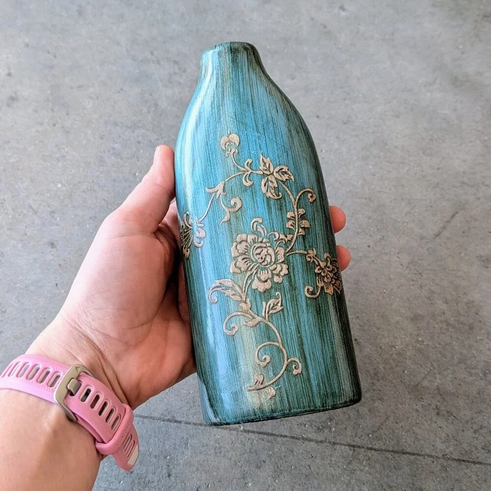 Vintage Teal Liquor Bottle Hand Painted Floral Ceramic Vase - Picture 9 of 9